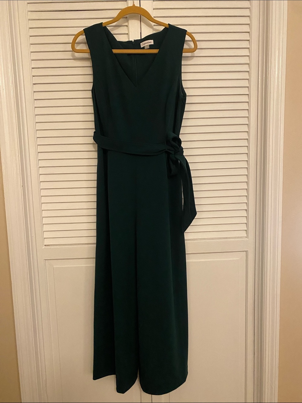 Calvin Klein Dark Green V-Neck Sleeveless Jumpsuit with Waist Tie